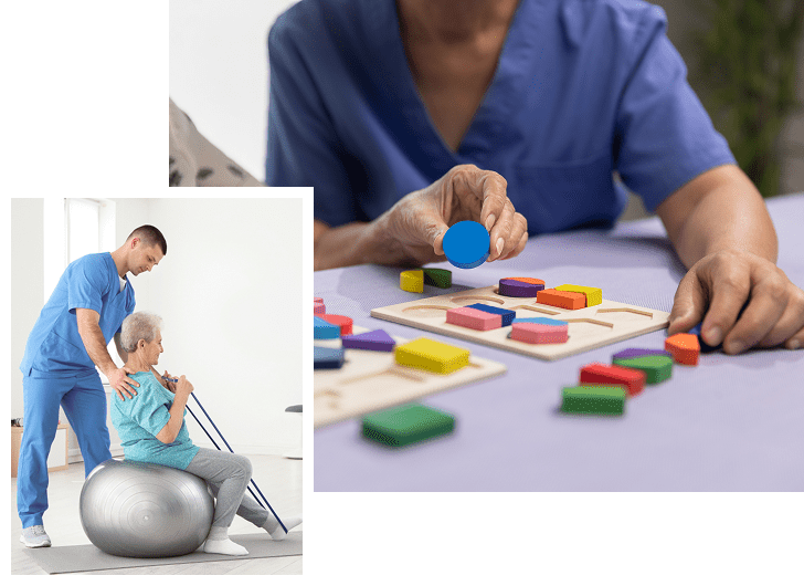 A healthcare worker assisting an elderly woman with physical therapy on a large exercise ball, and a close-up of a person in blue scrubs playing a colorful wooden puzzle game on a table.