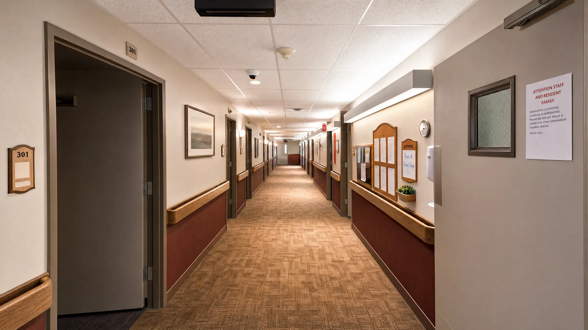 Resident room hallway with handrails at Nora Springs Care Center