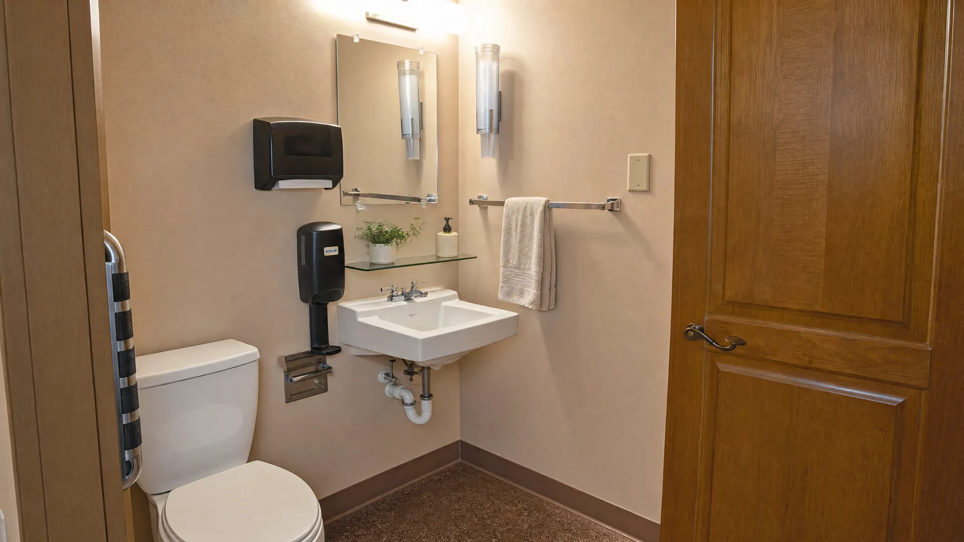 Accessible bathroom with a toilet and wall-mounted sink at Nora Springs Care Center
